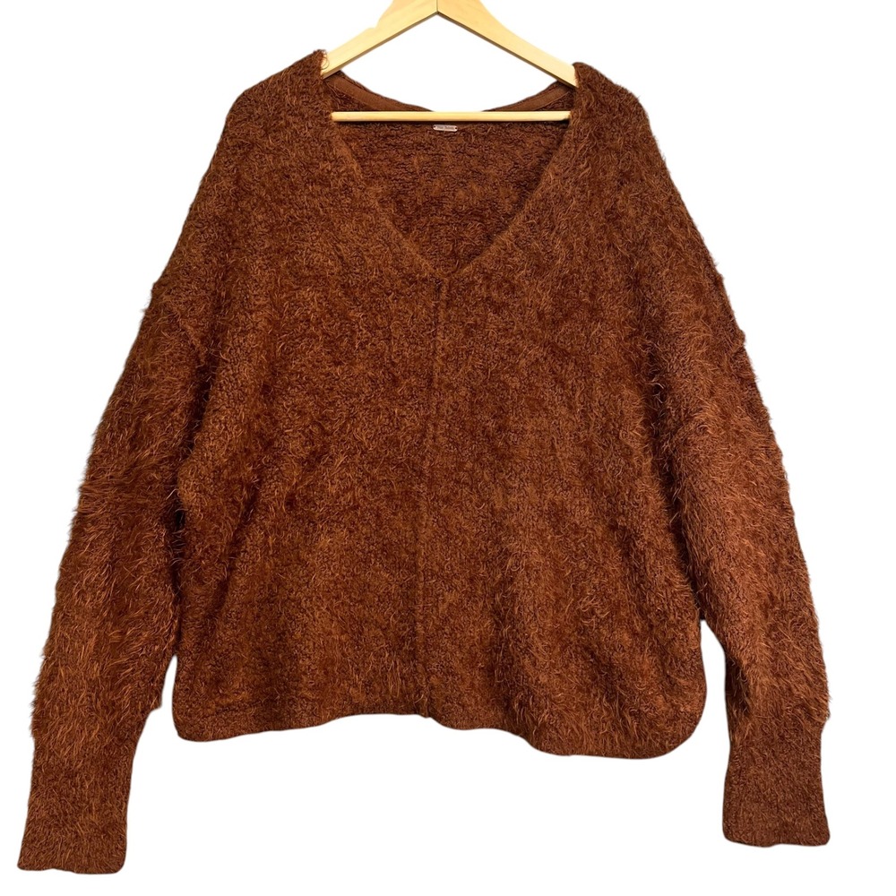 Free‎ People Fuzzy Knit Sweater Brown Slouchy Cozy Boho Pullover M